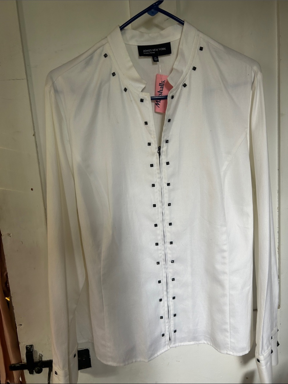 Jones New York White Long-Sleeve Blouse with Black Stud Trim